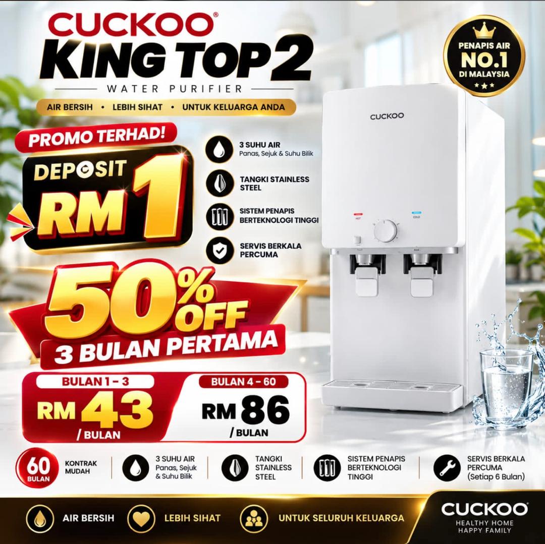 Poster promosi Cuckoo King Top 2 — deposit RM1, 50% OFF untuk 3 bulan pertama, RM43/bulan (bulan 1–3) dan RM86/bulan (bulan 4–60), kontrak 60 bulan