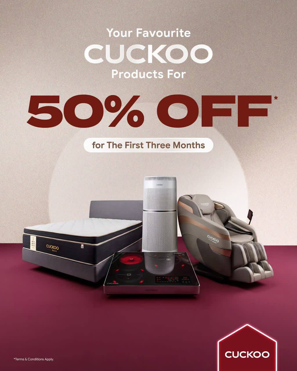 Poster promosi Cuckoo — 50% OFF untuk 3 bulan pertama bagi tilam, penapis udara, kerusi urut & dapur